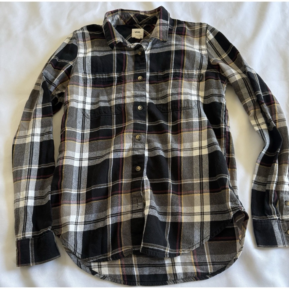 Vans Women's Black Plaid Flannel Long Sleeve Button Up Shirt, Size Small